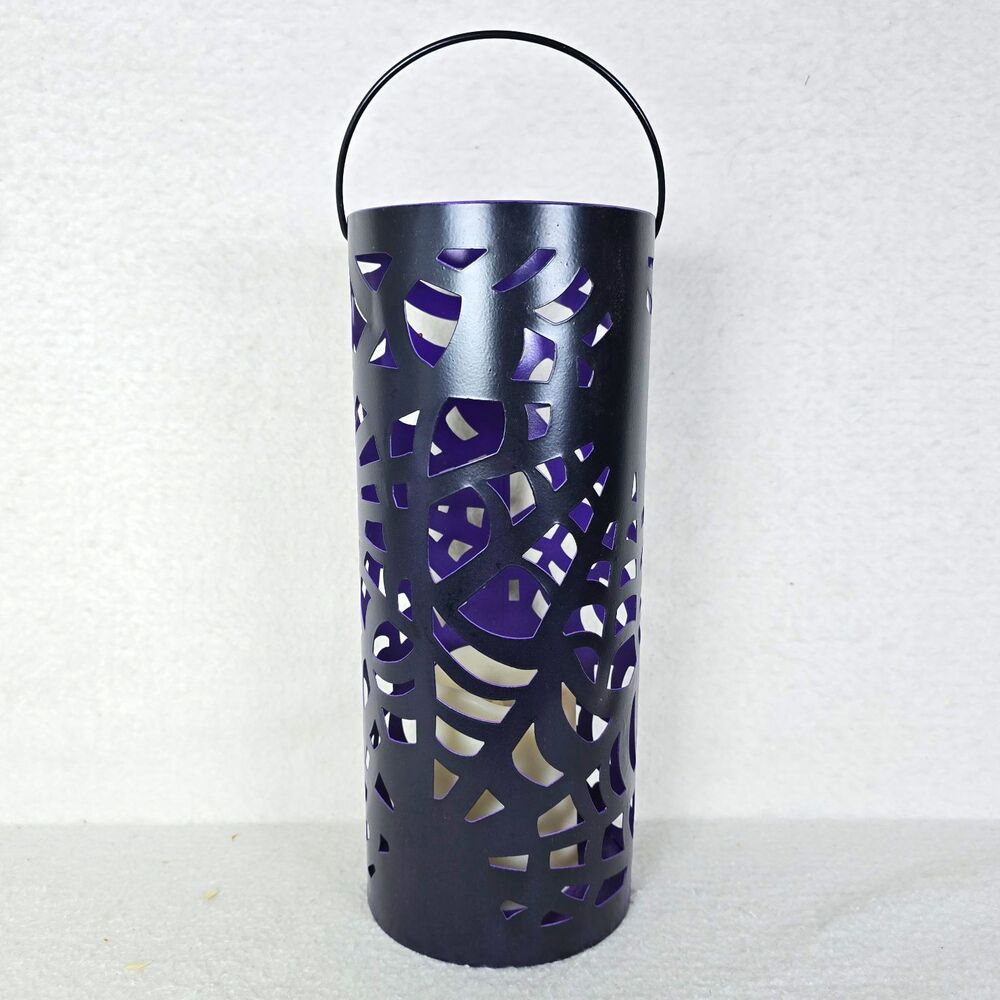 Black Metal Hanging Cylinder Lantern Candle Holder Purple Abstract Cutout 12"